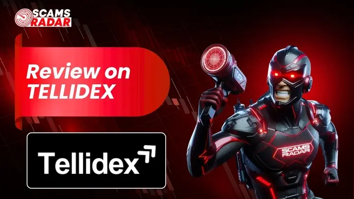 Scams Radar Tellidex review thumbnail featuring futuristic character holding scanner and Tellidex logo on red trading background