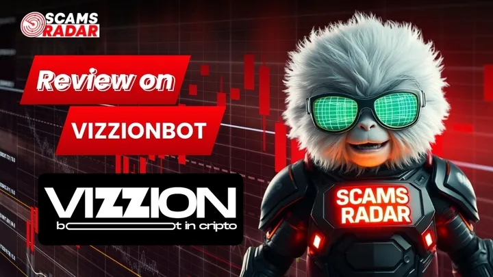 Scams Radar review on VizzionBot with logo and trading background