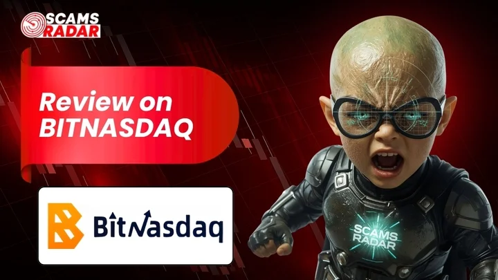 Scams Radar review image featuring a futuristic character and the BitNasdaq logo.