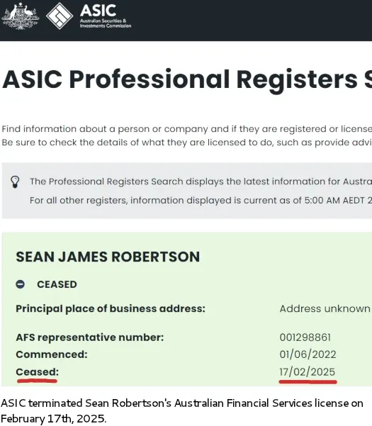 ASIC terminates Sean Robertson’s Australian Financial Services license on February 17, 2025, as shown in ASIC records