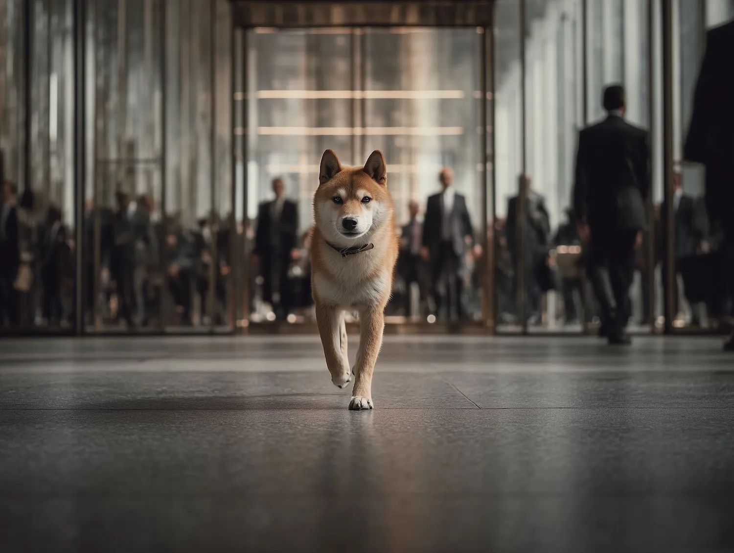 Shiba Inu dog walking confidently in a corporate hallway, symbolizing Shiba Inu crypto’s growing influence and rise.