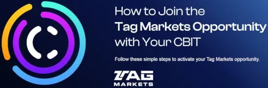 Promotional banner showing Tag Markets onboarding opportunity with CBIT linked to scam concerns