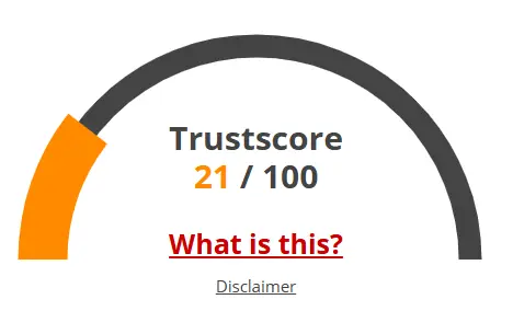 Teolax trust rating showing 21 out of 100 indicating low website credibility