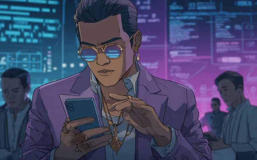 Businessman using smartphone at Token2049 Singapore event, symbolizing fintech’s evolution from apps to crypto assets