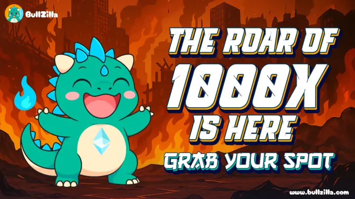 BullZilla cartoon mascot promoting 1000x crypto gains alongside TRON and WLFI as top 2025 investment opportunities