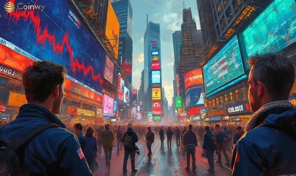 Traders watching falling crypto prices on digital billboards as Trump’s tariff threats trigger market chaos