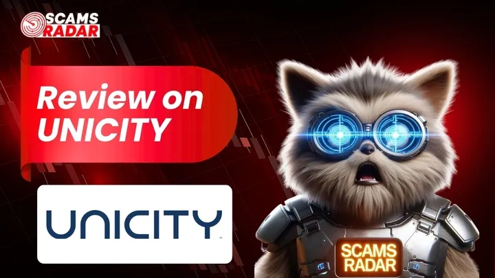 Scams Radar thumbnail image for Unicity review featuring futuristic raccoon character and Unicity logo