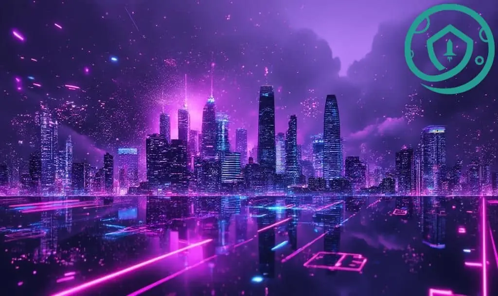 Futuristic city with glowing lights symbolizing VanEck Spot Solana ETF’s institutional growth and innovation