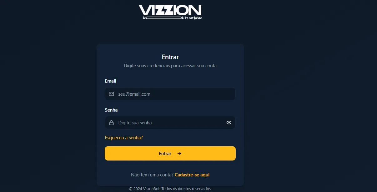 Vizzion Bot Pro login page for account access