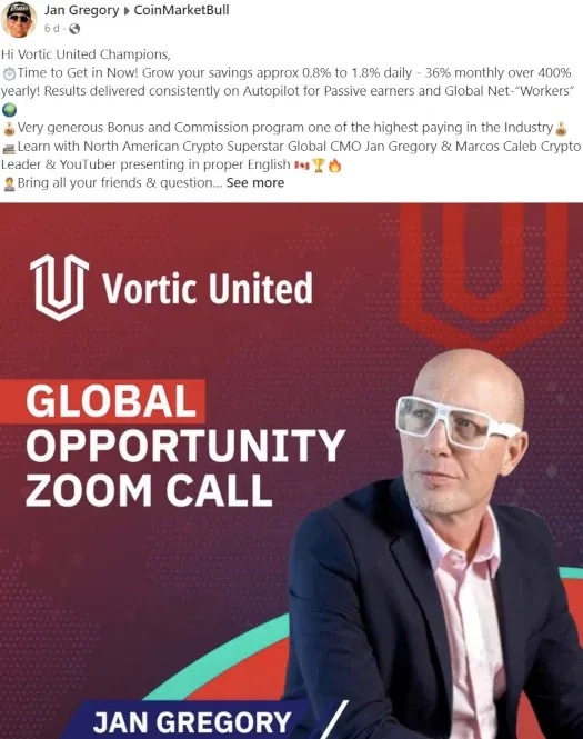 Vortic United Global Opportunity Zoom Call featuring Jan Gregory, CMO, promoting the Ponzi crypto scheme before ASIC fraud warning