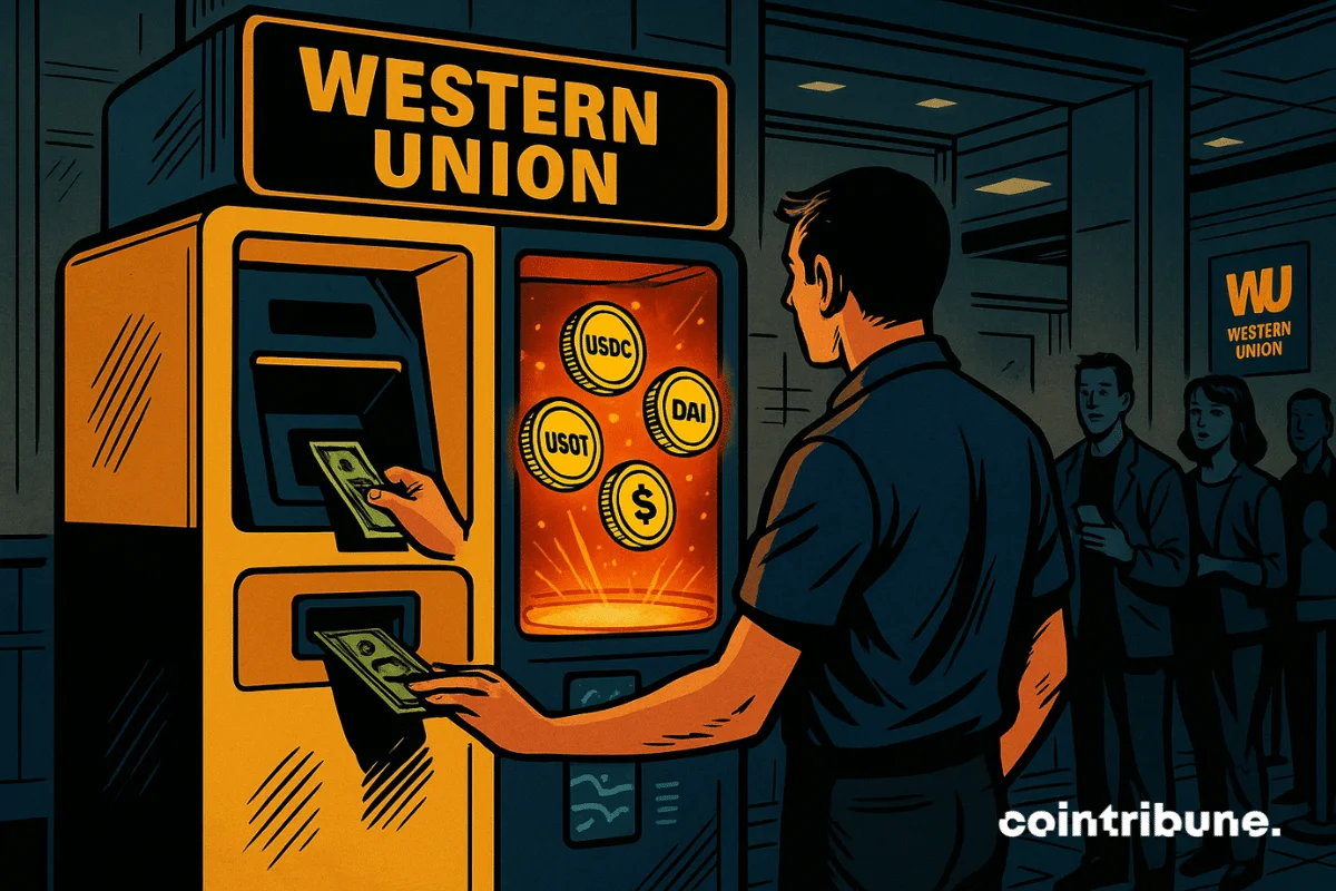 Illustration of a person using a Western Union ATM converting cash into cryptocurrencies like USDC, DAI, and USDT