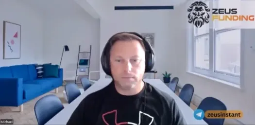 Man in online meeting discussing Zeus Funding and Tag Markets investment fraud