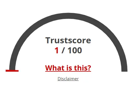 TrustScore 1 out of 100 rating gauge used in online safety review