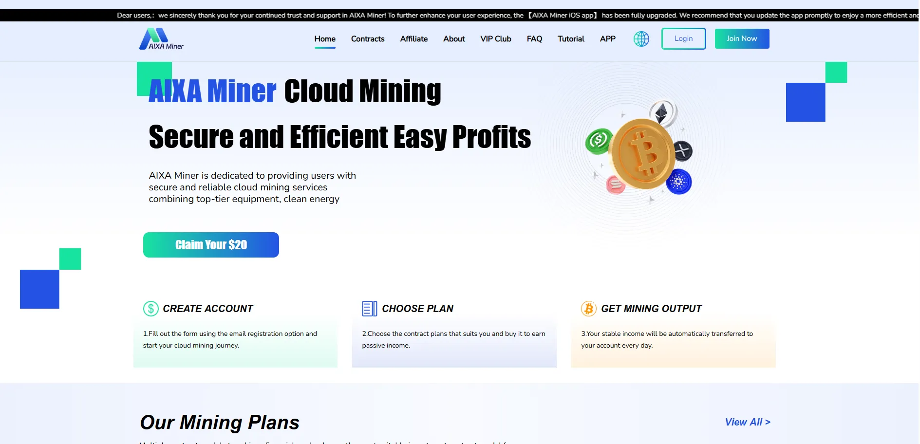 AIXA Miner cloud mining platform homepage showing plans, features, and signup steps