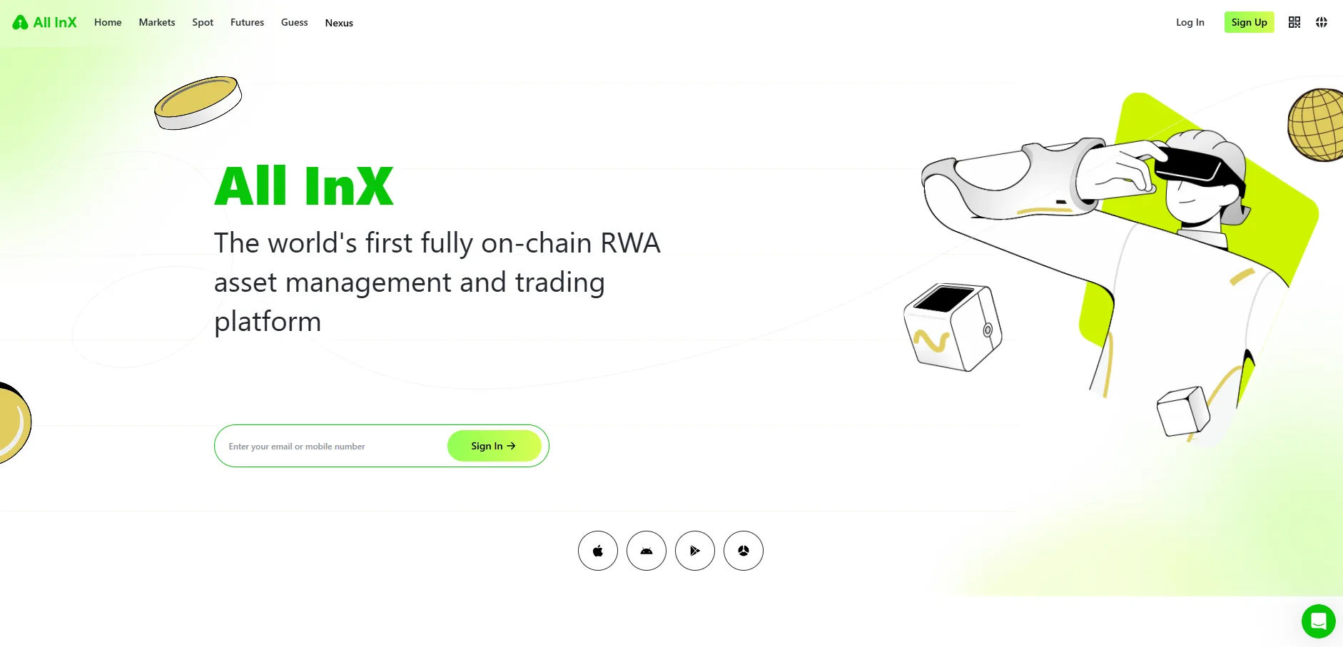 Screenshot of All InX official website showing its claim as the world’s first fully on-chain RWA asset management and trading platform