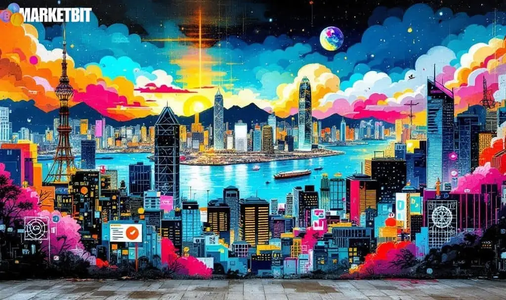 AMINA securing SFC Type 1 License for crypto trading and custody in Hong Kong with vibrant city skyline