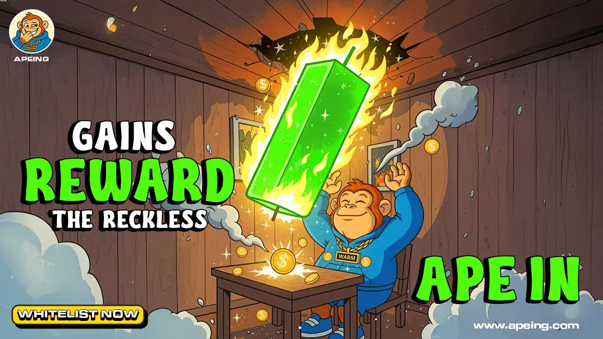 Cartoon ape celebrating a giant green bullish candle with coins flying around in a wooden room promoting Apeing presale hype