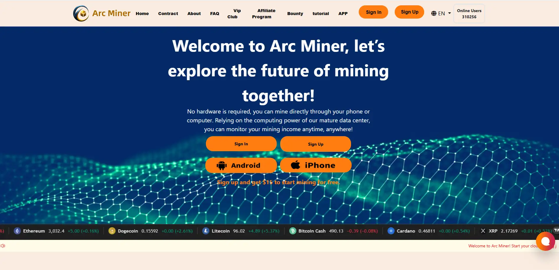 Arc Miner Review homepage showing cloud mining platform features and download options