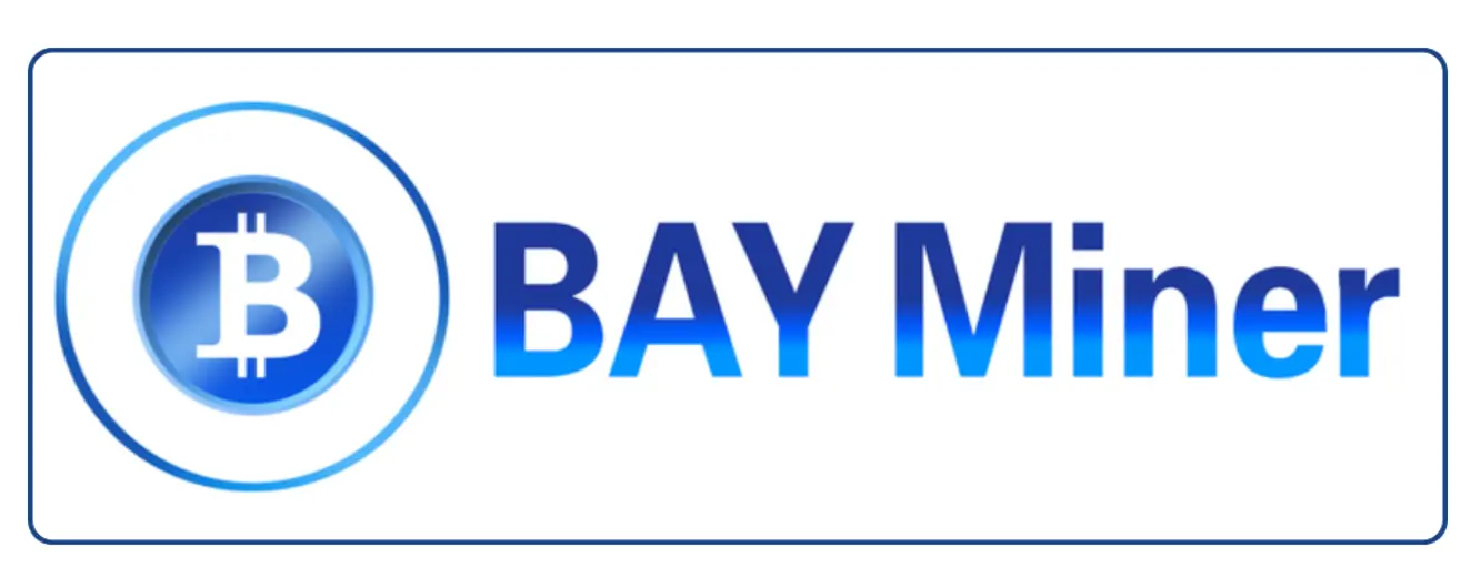 BAY Miner logo with blue gradient Bitcoin symbol and bold text representing cloud mining brand