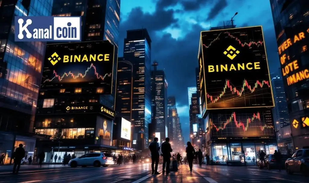 Binance announcing USDⓈ-M perpetual contract delisting with city billboards showing crypto market charts
