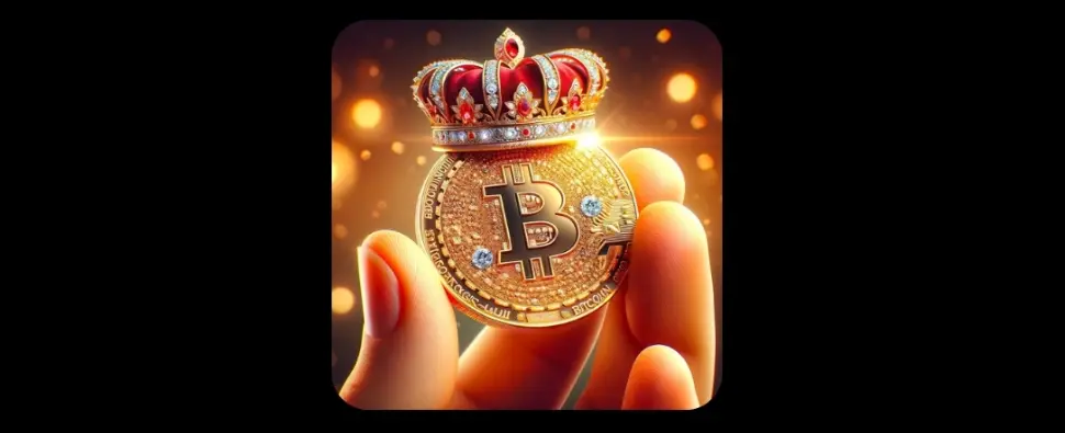 Golden Bitcoin coin with royal crown held between fingers representing Bit King Mine logo