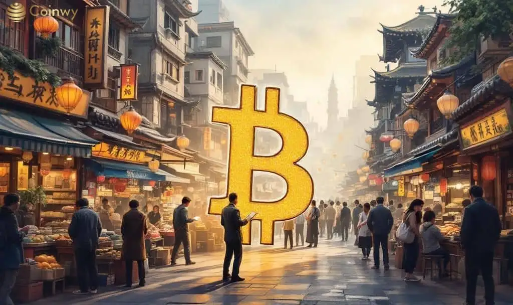 Bitcoin Asia accumulation concept shown with a large Bitcoin symbol in an Asian marketplace