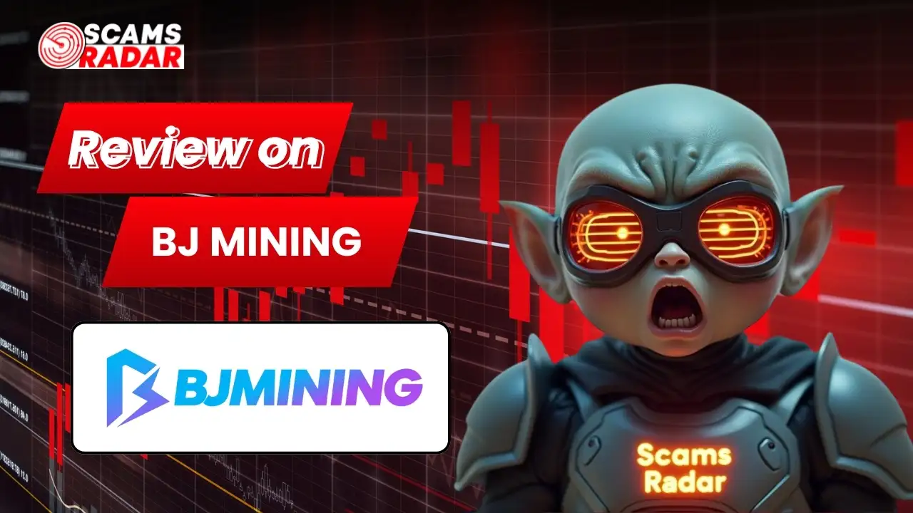 Scams Radar BJ Mining review graphic with chart background and animated character
