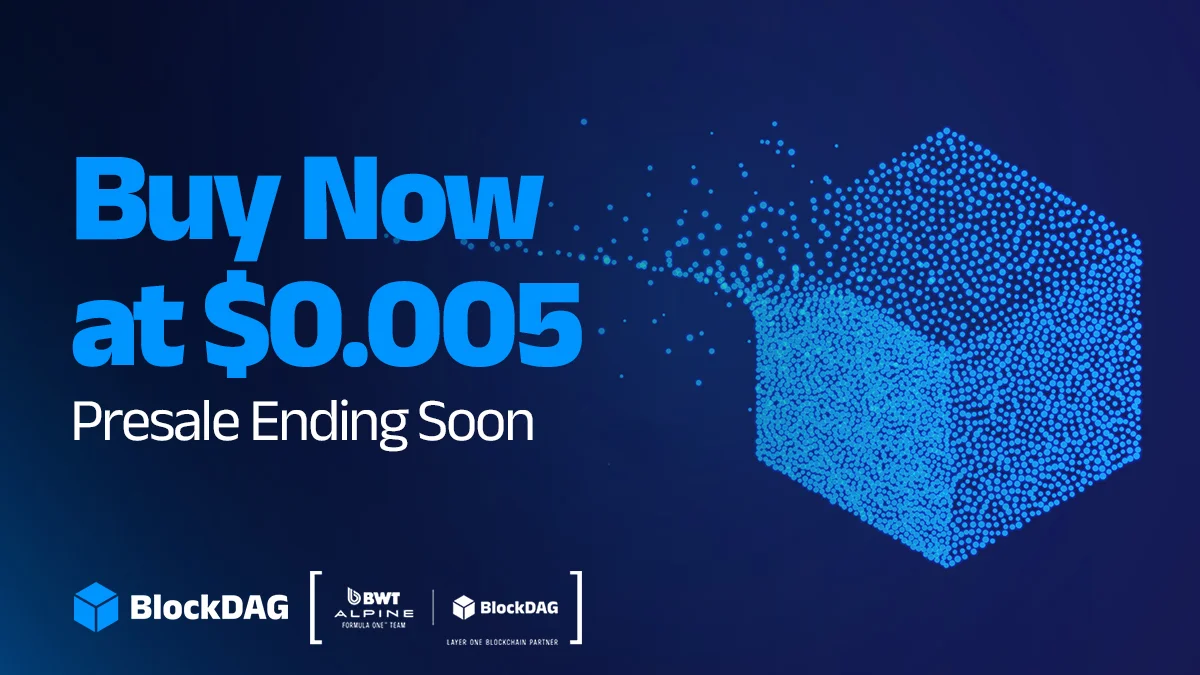 BlockDAG presale ending soon at $0.005 with a visual of a blue cube disintegrating. A clear call to action for purchasing before presale closes.
