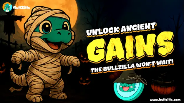 BullZilla crypto mascot promoting next crypto to hit 1 dollar with ancient gains theme