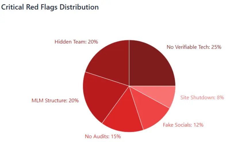 Pie chart showing distribution of critical red flags including hidden team, MLM structure, and lack of audits