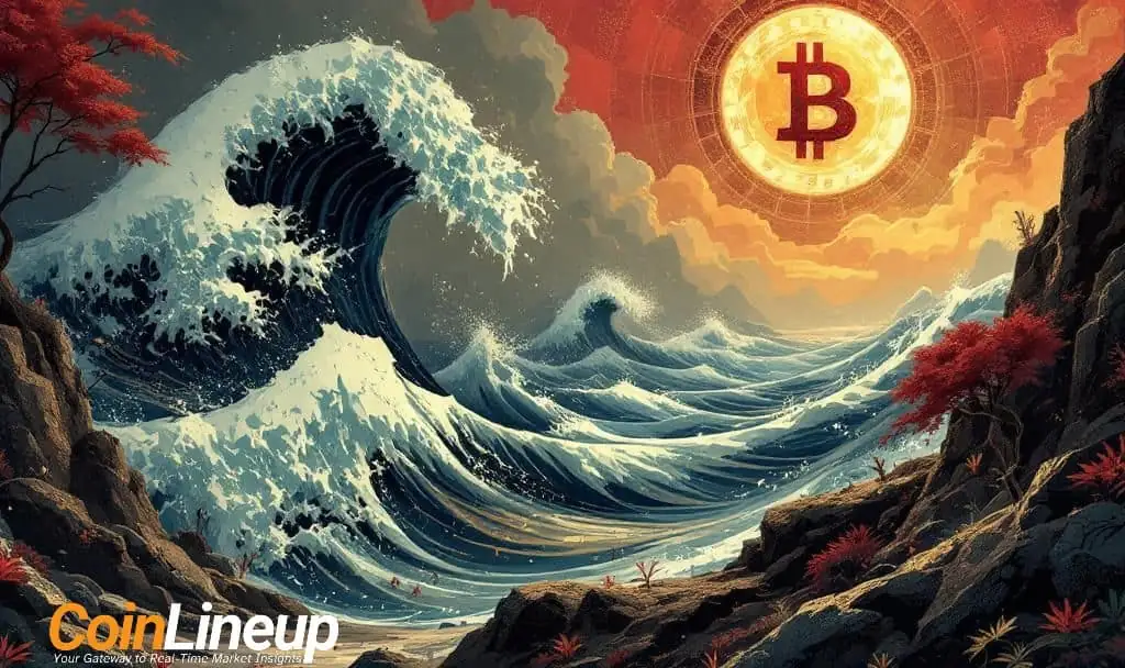 Massive crypto market wave with Bitcoin symbol representing Q4 2025 bloodbath and $19B liquidations