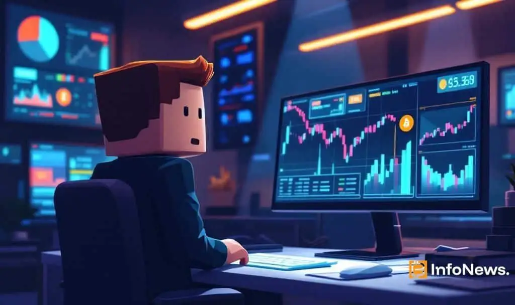Animated trader analyzing crypto charts on multiple screens in a digital workspace