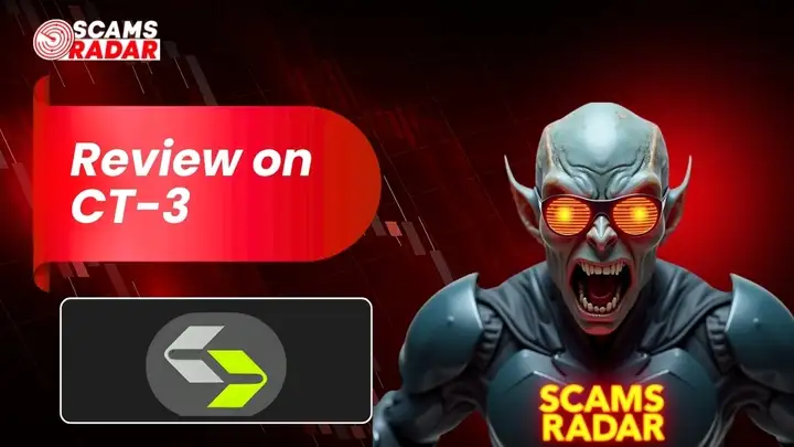 ScamsRadar CT3 review thumbnail showing a warning-themed design with a creature graphic and CT3 logo