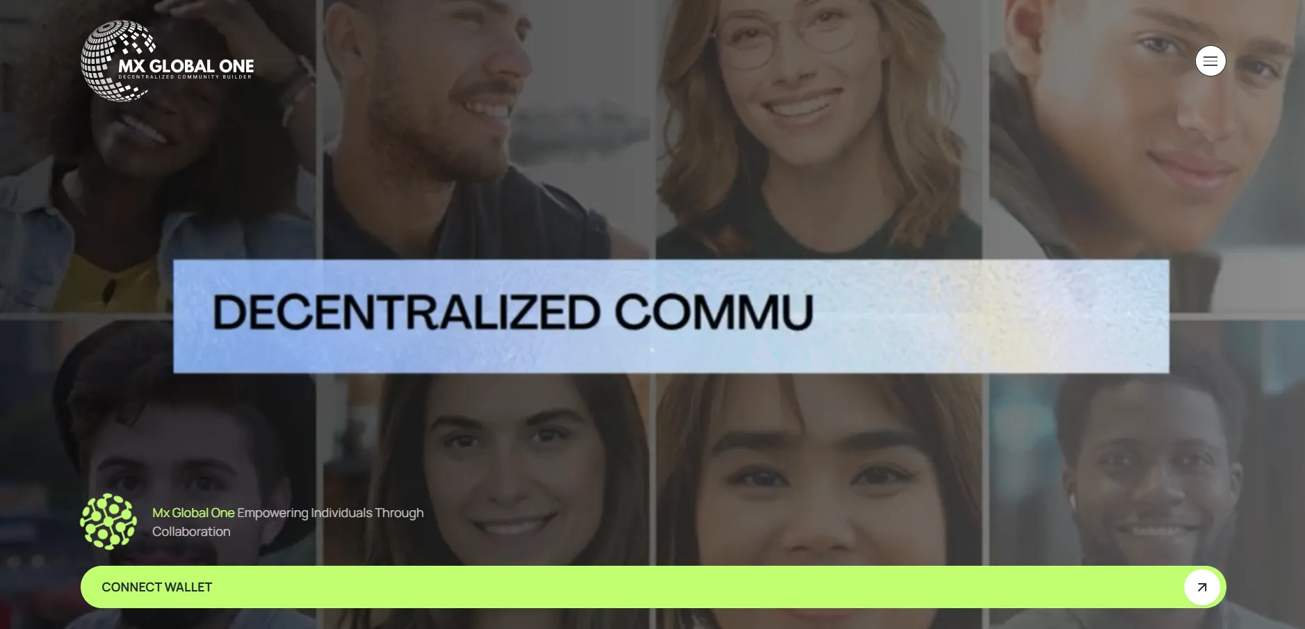 MX Global One website banner showing decentralized community with diverse individuals and the "Connect Wallet" call to action.