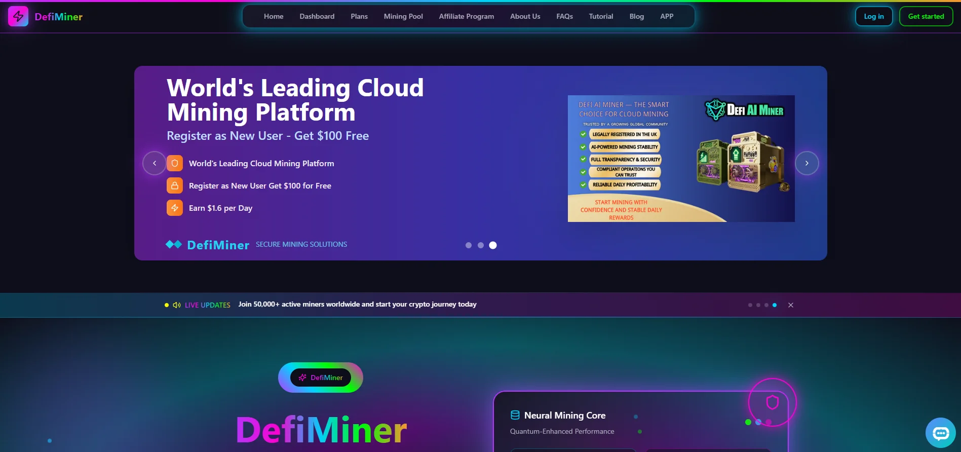 DefiMiner Cloud Mining Platform offering secure mining solutions with $100 free for new users and daily earnings of $1.6