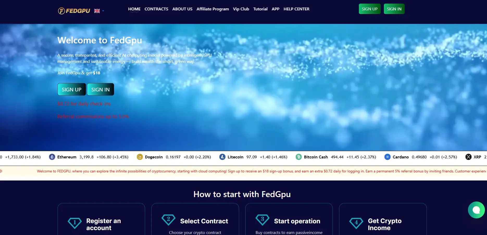 Fed GPU Review homepage screenshot showing signup offers and mining platform interface