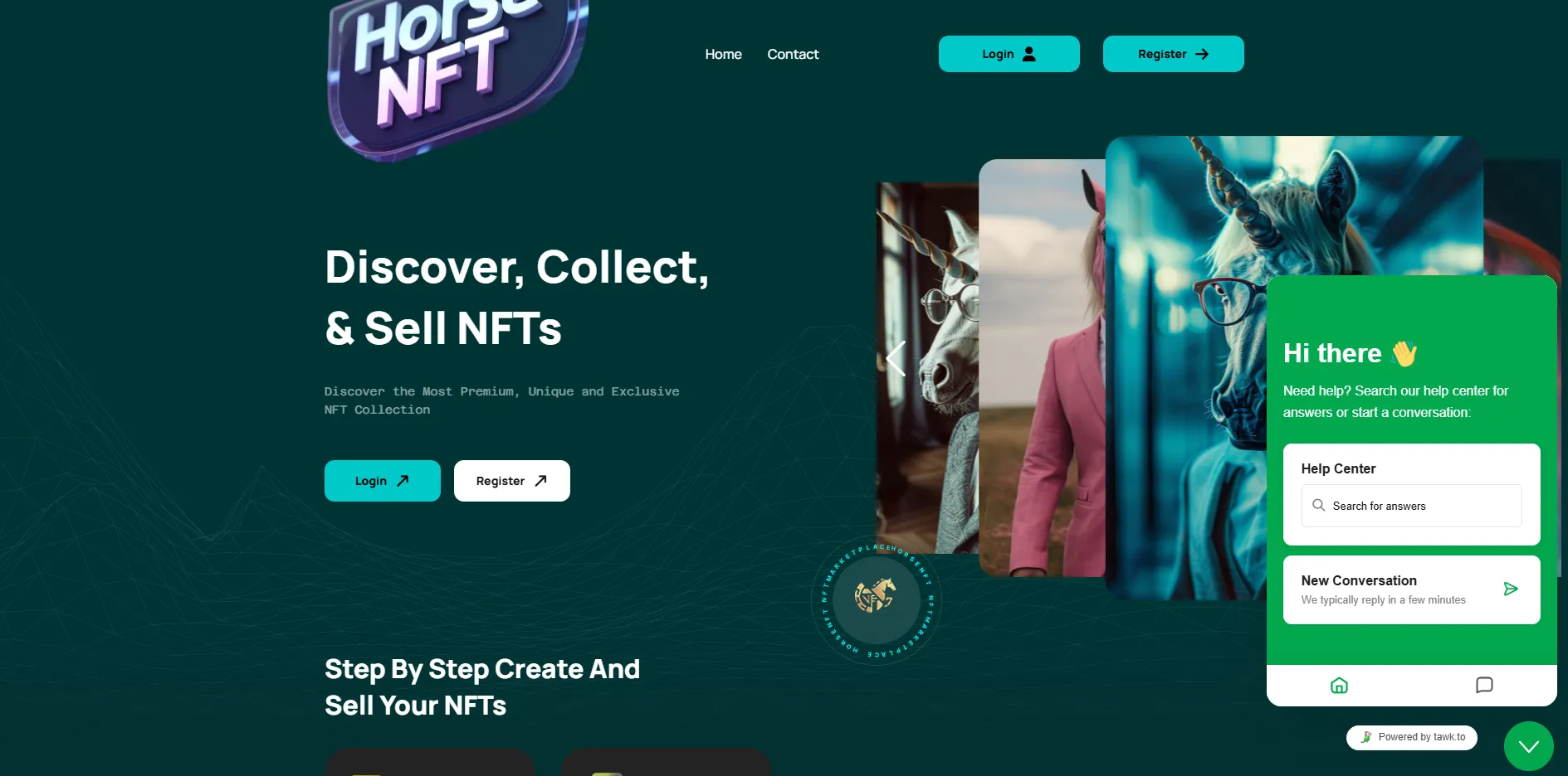 Screenshot of Horse NFT website showing login, register buttons, and NFT collection interface