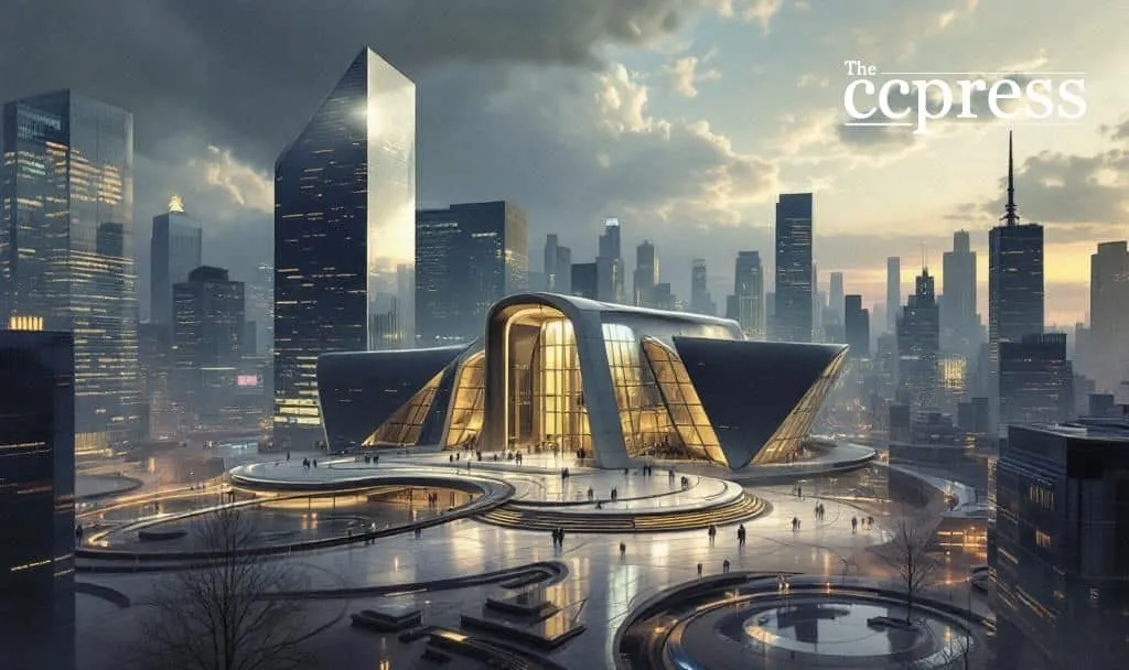 Futuristic JPMorgan financial building symbolizing JPM Coin launch on Base blockchain