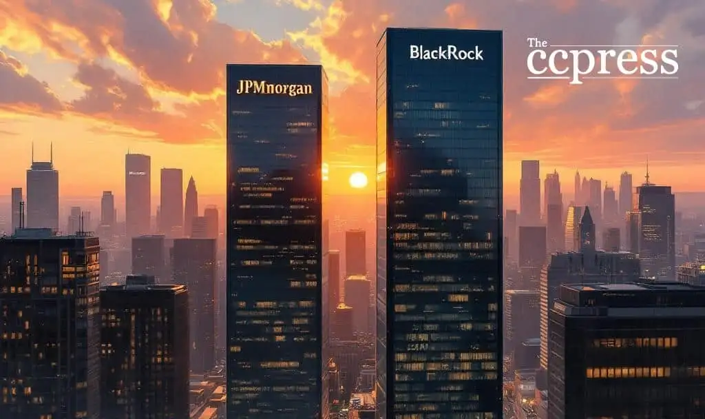 JPMorgan and BlackRock towers at sunset representing JPMorgan Bitcoin Notes news