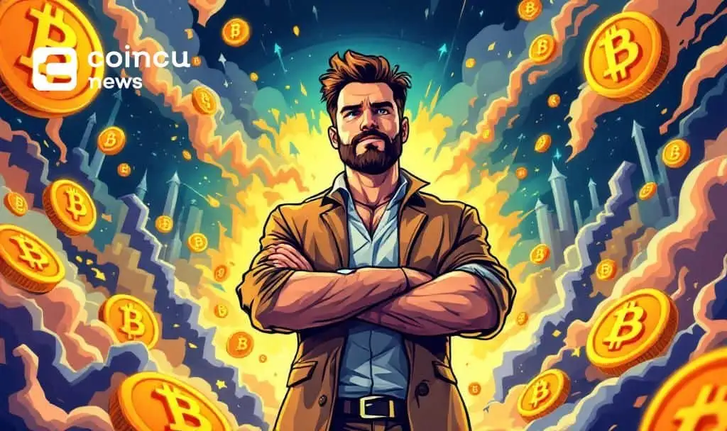 Illustration of a confident investor standing with rising Bitcoin symbols representing MicroStrategy Bitcoin buys