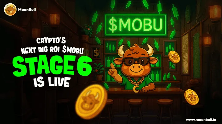 MoonBull cartoon bull promoting Stage 6 crypto presale with $MOBU coins
