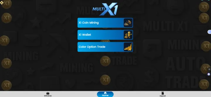 Screenshot of the MultiX1 dashboard showing X1 Coin Mining, X1 Wallet, and Color Option Trade features