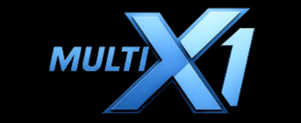 Official MultiX1 logo in blue color on a black background