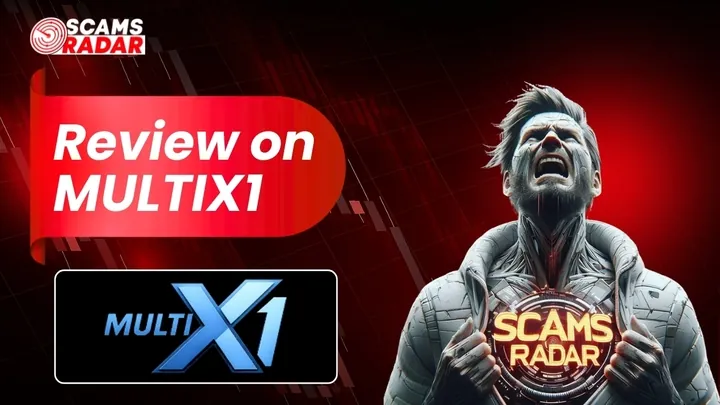 Scams Radar review banner on MultiX1 showing futuristic red background and logo
