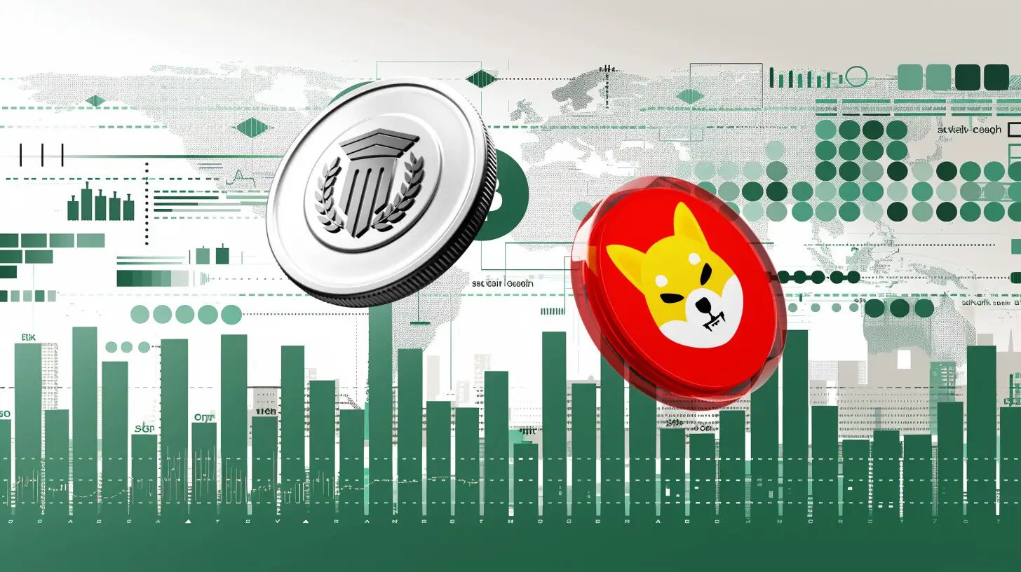 Mutuum Finance and Shiba Inu tokens displayed over financial charts, showing rising whale accumulation toward MUTM