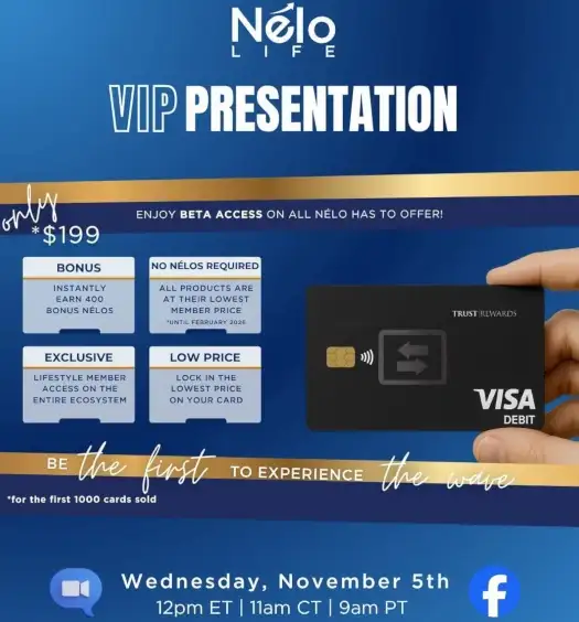 Nelo Life VIP Presentation showcasing the new Visa debit card and Nelos rewards