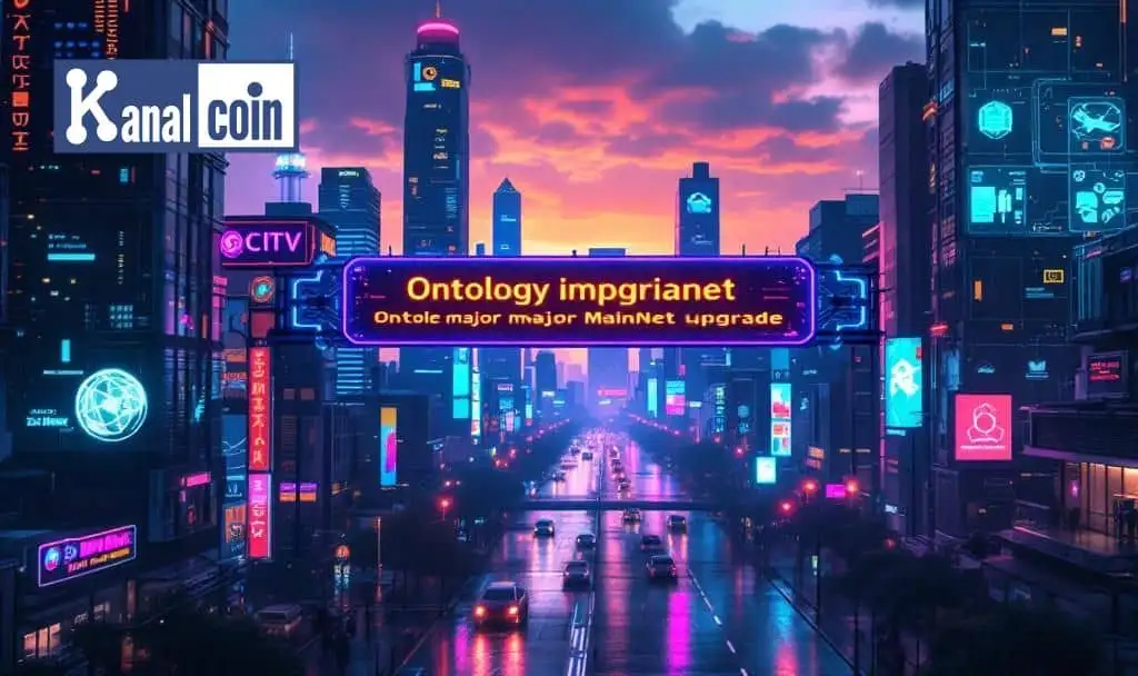Futuristic neon city with Ontology MainNet upgrade banner showing digital screens and glowing signs representing blockchain technology advancements