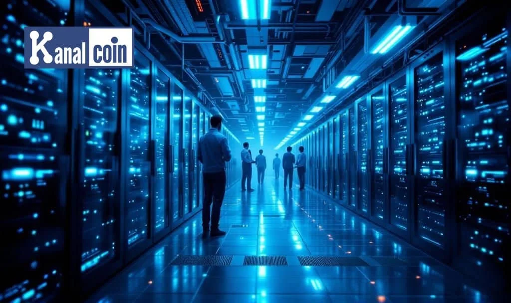 Image of professionals walking through a high-tech data center with glowing servers, symbolizing Anthropic’s $50 billion data center investment.