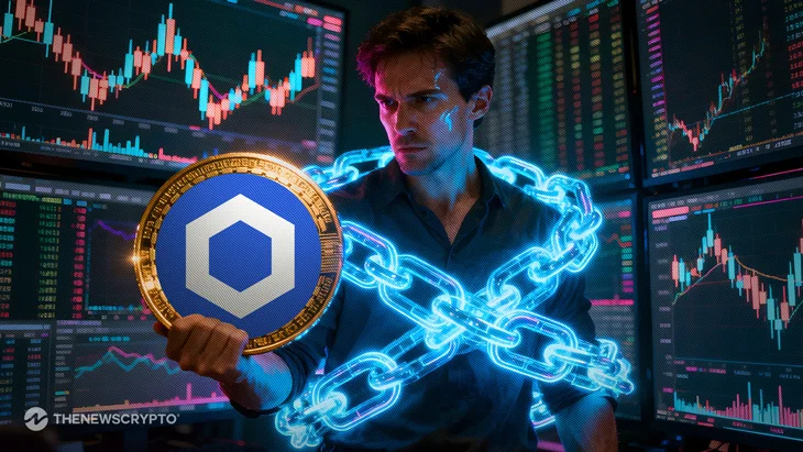 Image of a man holding a glowing Chainlink (LINK) coin, surrounded by digital chains and stock market charts, symbolizing the consolidation of Chainlink.