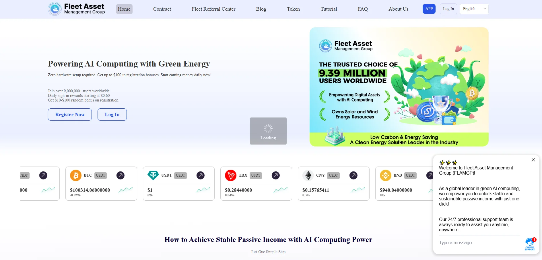 Fleet Asset Management Group homepage showcasing their AI computing and green energy solutions, with user registration and cryptocurrency data.